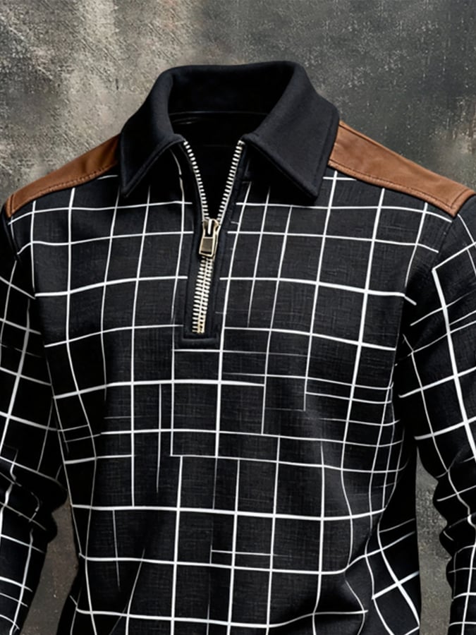 Men's Retro Color Block Print Color-Blocked Zip-Up Sweatshirt
