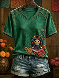 Women's Vintage Folk Doll Graphic Floral Print V Neck Raglan T-Shirt