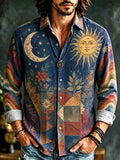 Men's Sun Moon Stars And Geometric Patchwork Floral Print Long Sleeve Shirt