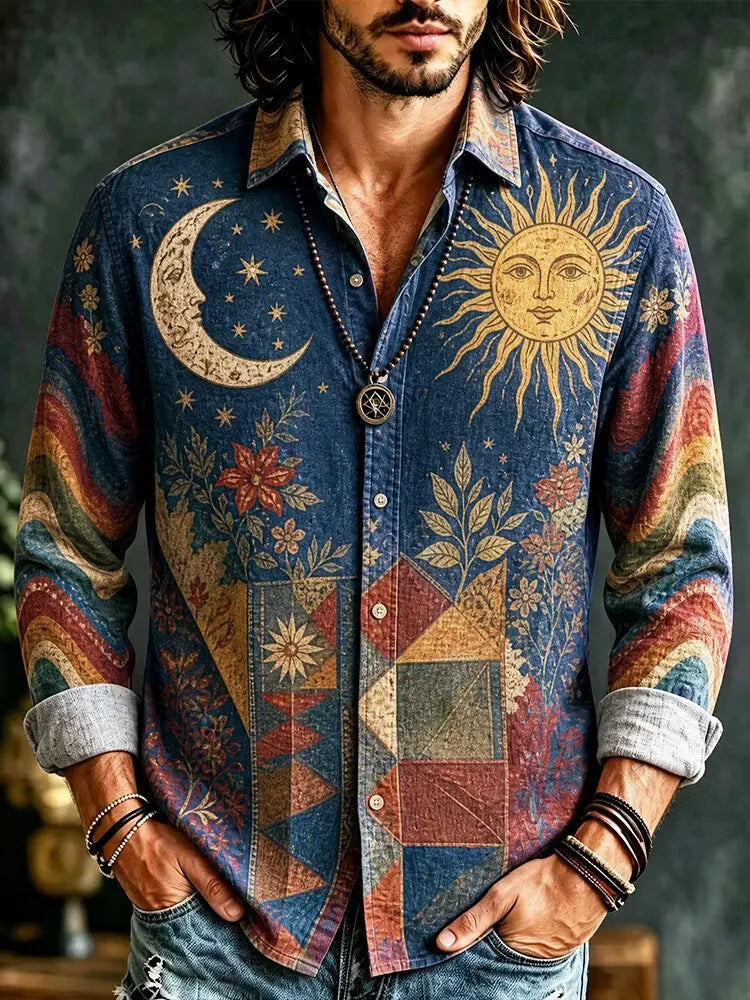 Men's Sun Moon Stars And Geometric Patchwork Floral Print Long Sleeve Shirt
