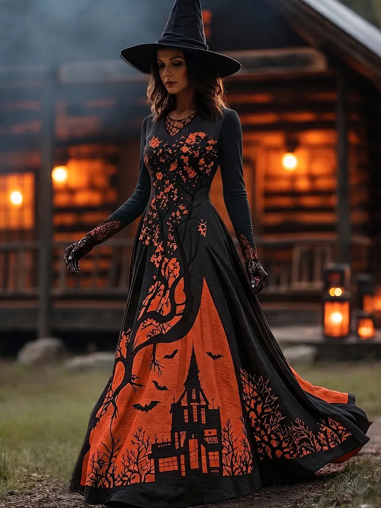 Women's Halloween Gradient Treehouse Design  V-neck Maxi Dress