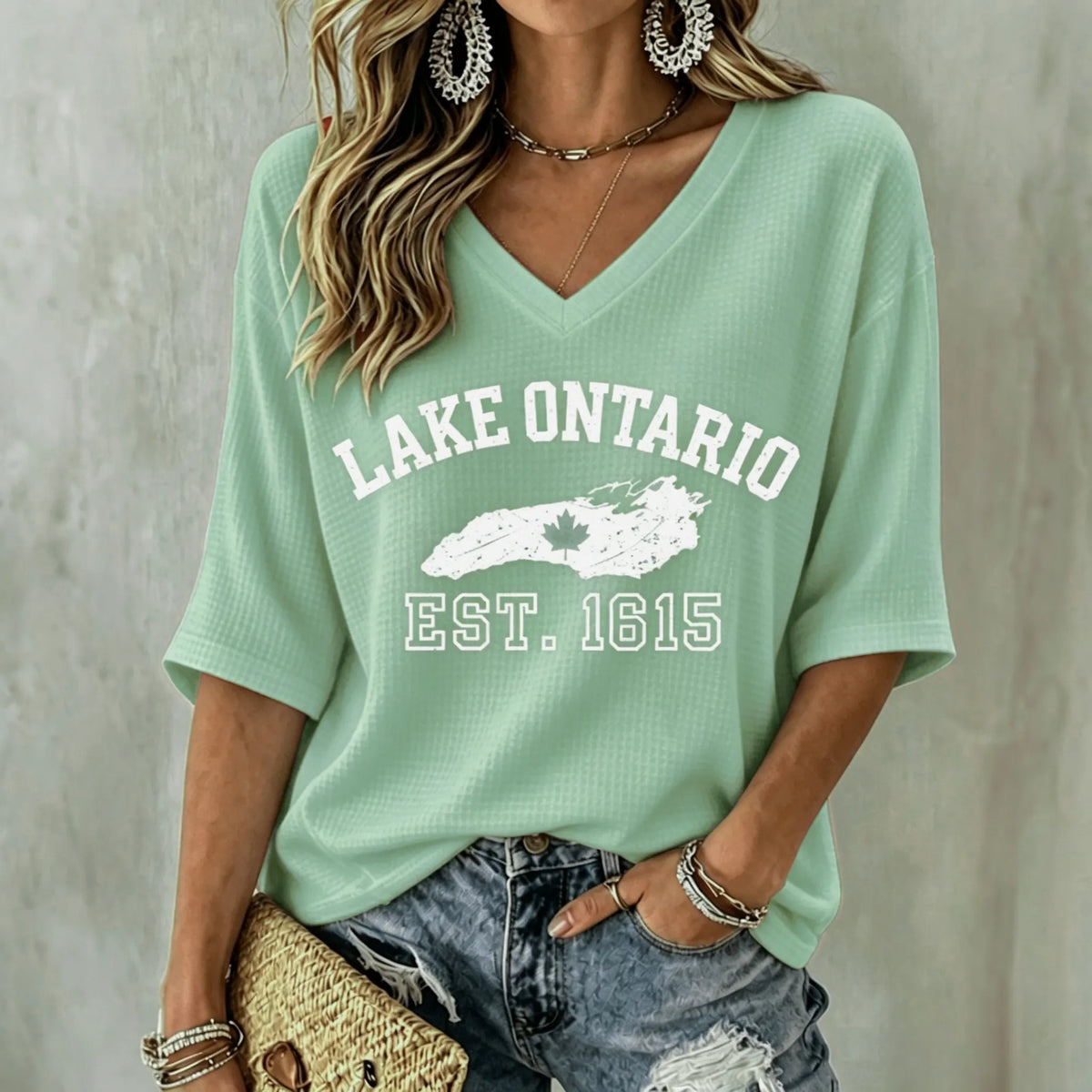 Women's Lake Ontario Printed Mid-length Sleeves V-neck T-shirt