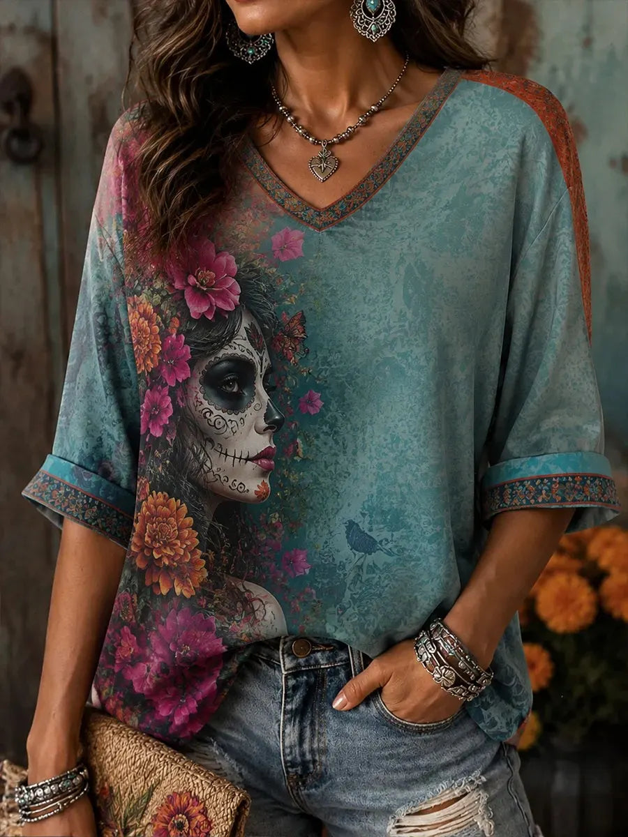 Women's Day Of The Dead Profile Catrina Butterfly Bright Floral Print Mid-length Sleeves V-Neck T-Shirt