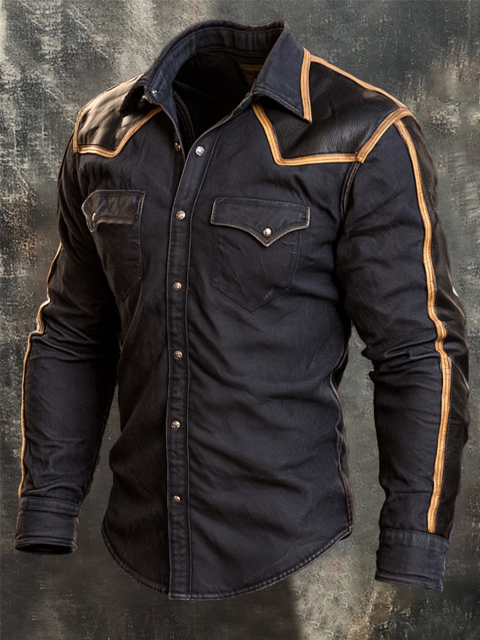 Men's Vintage-Style Color-Block Western Leather Shirt