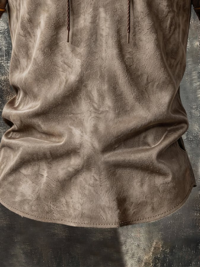 Men's Retro Faux Suede and Leather Panel Lace-Up T-Shirt