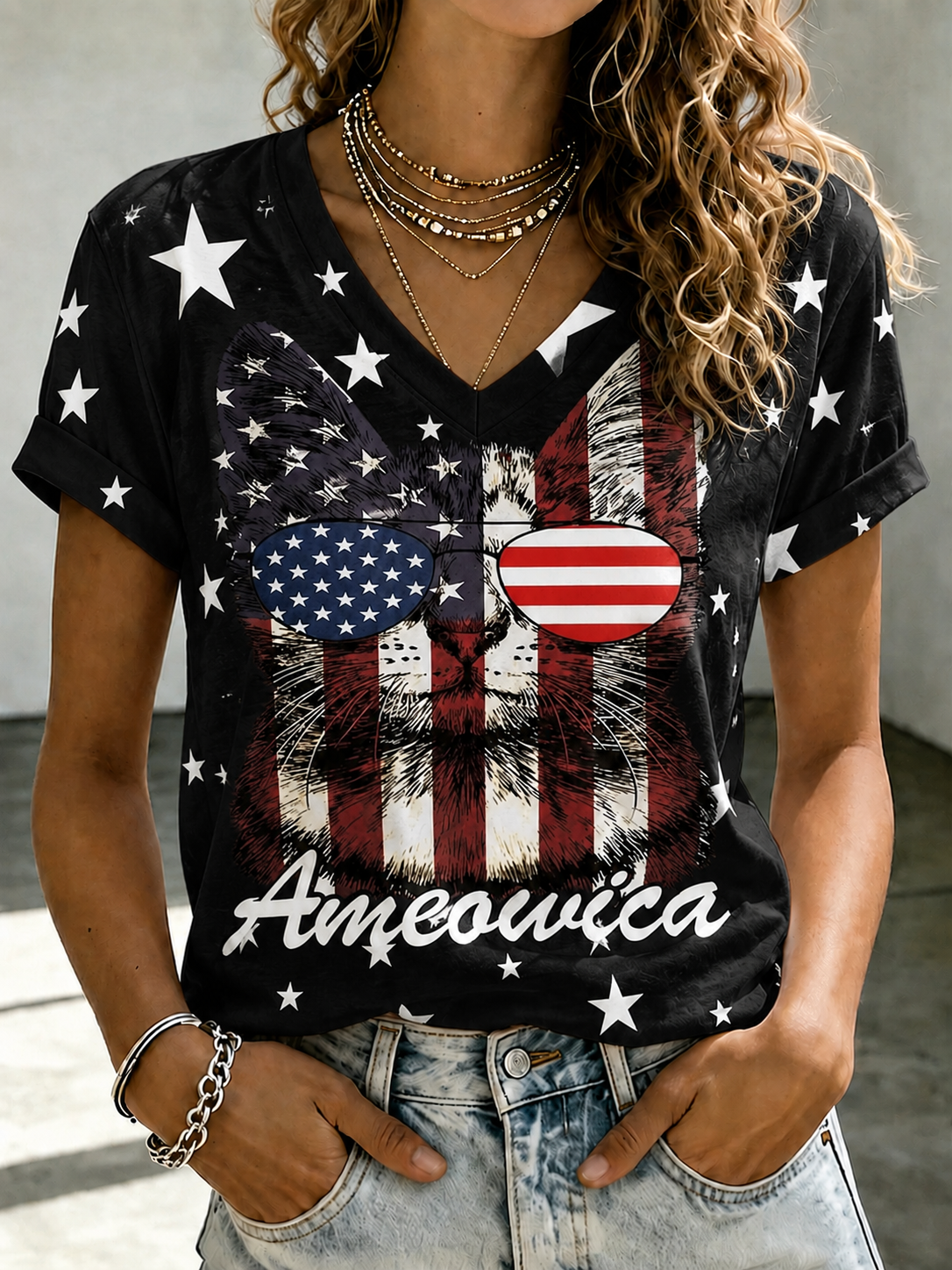 Women'S American Flag Cat Printed Casual T-Shirt