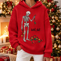 Women's Funny Christmas Skeleton String Lights Graphic Relaxed Fit Red Hooded Knit Sweater