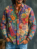 Men's Vintage Hippie Collage Guitar Flower Peace Symbol Print Long Sleeve Shirt