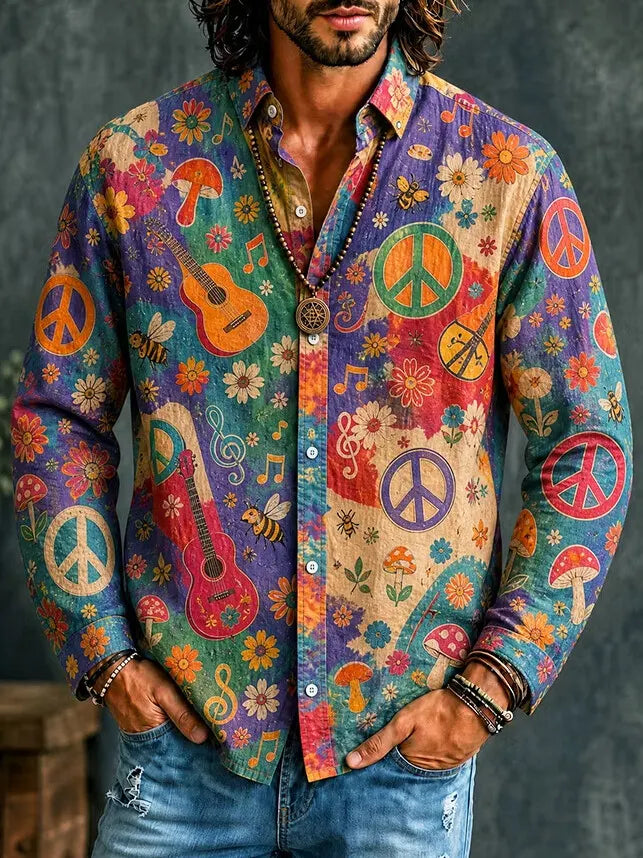 Men's Vintage Hippie Collage Guitar Flower Peace Symbol Print Long Sleeve Shirt