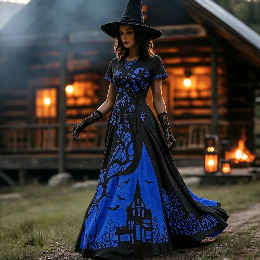 Women's Halloween Gradient Treehouse Design  V-neck Short Sleeves Maxi Dress