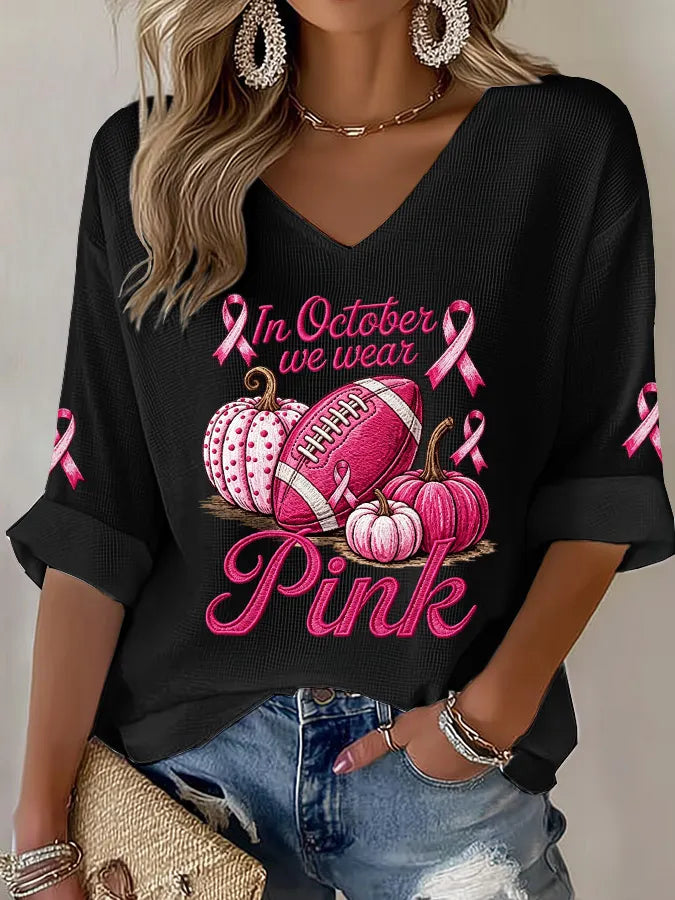Women's Pink Pumpkin Rugby Waffle Top