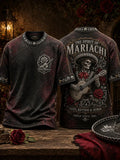 Men's Mariachi Skeleton Guitar Red Rose Scroll Text Print Crew Neck T-shirt