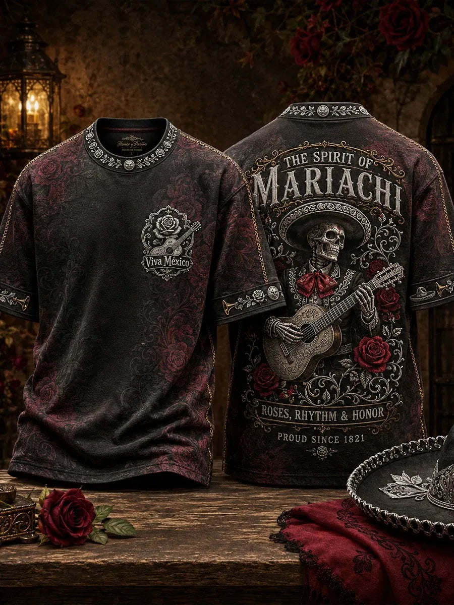 Men's Mariachi Skeleton Guitar Red Rose Scroll Text Print Crew Neck T-shirt