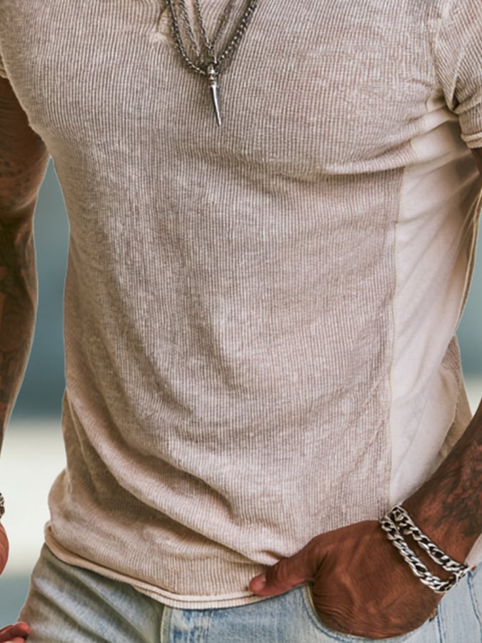Men'S Fashion Short-Sleeve Henley T-Shirt With Ribbed Paneling And Color-Block Design