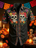 Men's Day Of The Dead Twin Skulls Colorful Floral Print Short Sleeve Buttons Shirt