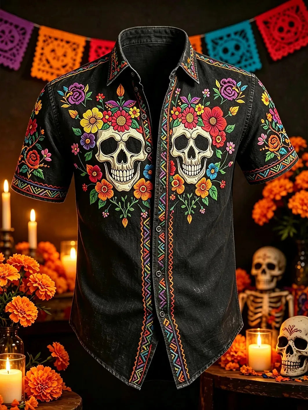 Men's Day Of The Dead Twin Skulls Colorful Floral Print Short Sleeve Buttons Shirt
