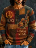 Men's Retro Hippie Multi‐Panel Guitar Floral Text Graphics Print Round Neck Sweater