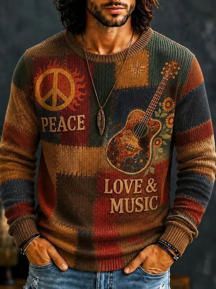 Men's Retro Hippie Multi‐Panel Guitar Floral Text Graphics Print Round Neck Sweater