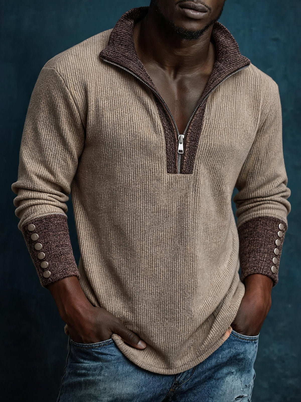 Men's Vintage-Wash Ribbed Color-Block Long-Sleeve T-Shirt