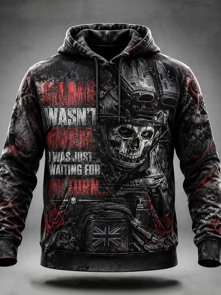 Men's Vintage Washed Distressed Military Tactical Skull Warrior Rose Print Dark Gothic Inspirational Quotes Street Hoodie