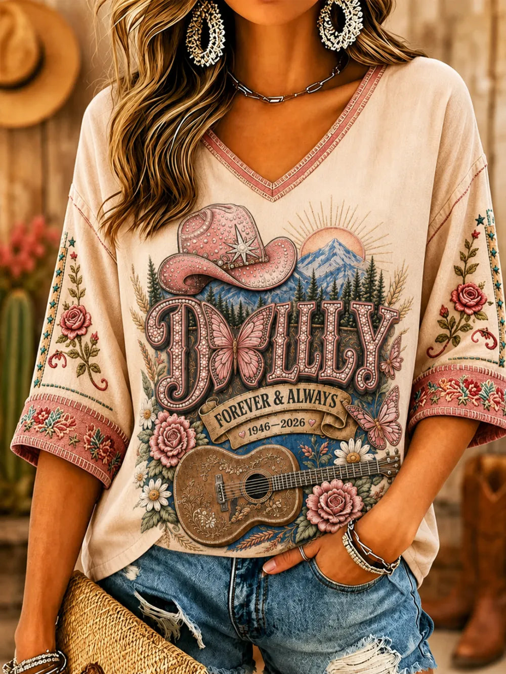Women's Commemorative Print Casual Waffle V-Neck Top