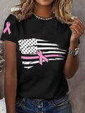 Women's Pink Ribbon Breast Cancer Awareness American Flag Tee