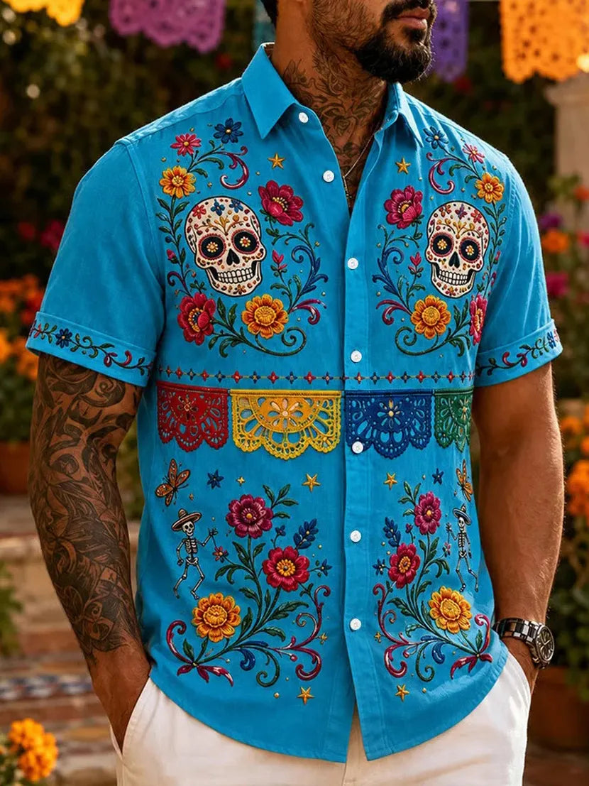 Men's Day Of The Dead Print Short Sleeve Buttons Shirt