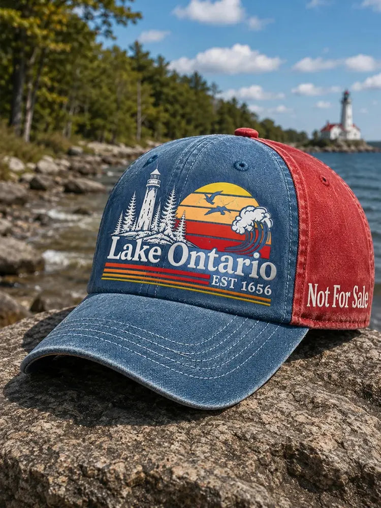 Retro Color-blocked Lake Ontario Landscape Print Baseball Cap