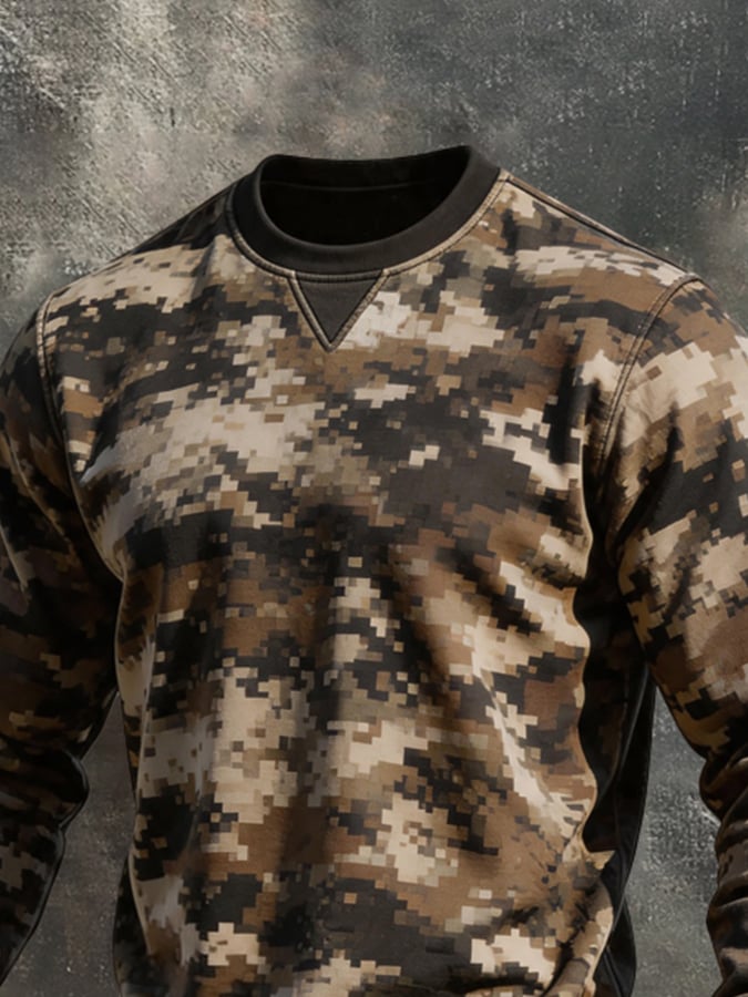 Men's Retro Color-Block Camouflage Print Crew-Neck Long-Sleeve Sweatshirt