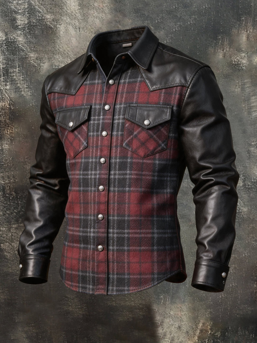 Men's Vintage-Style Plaid Shirt with Leather Paneling