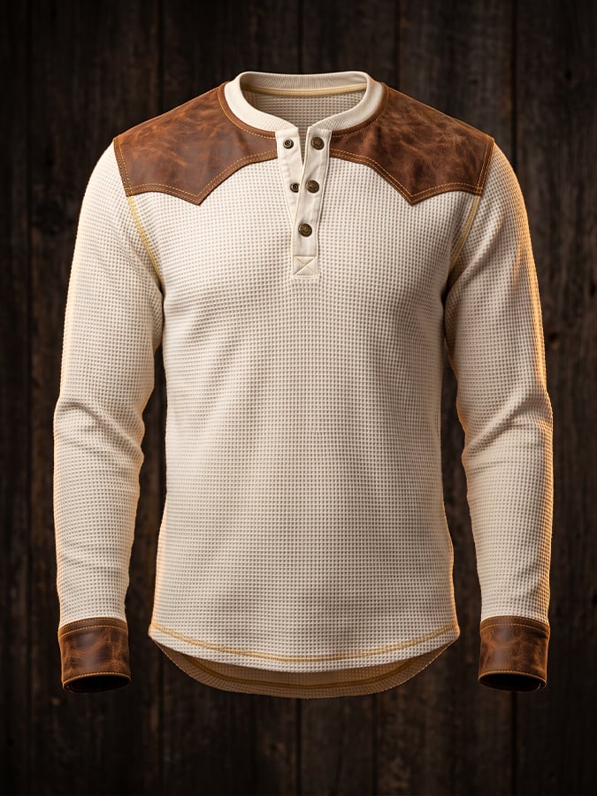 Men's Vintage Waffle-Knit Henley with Leather Panel Detail