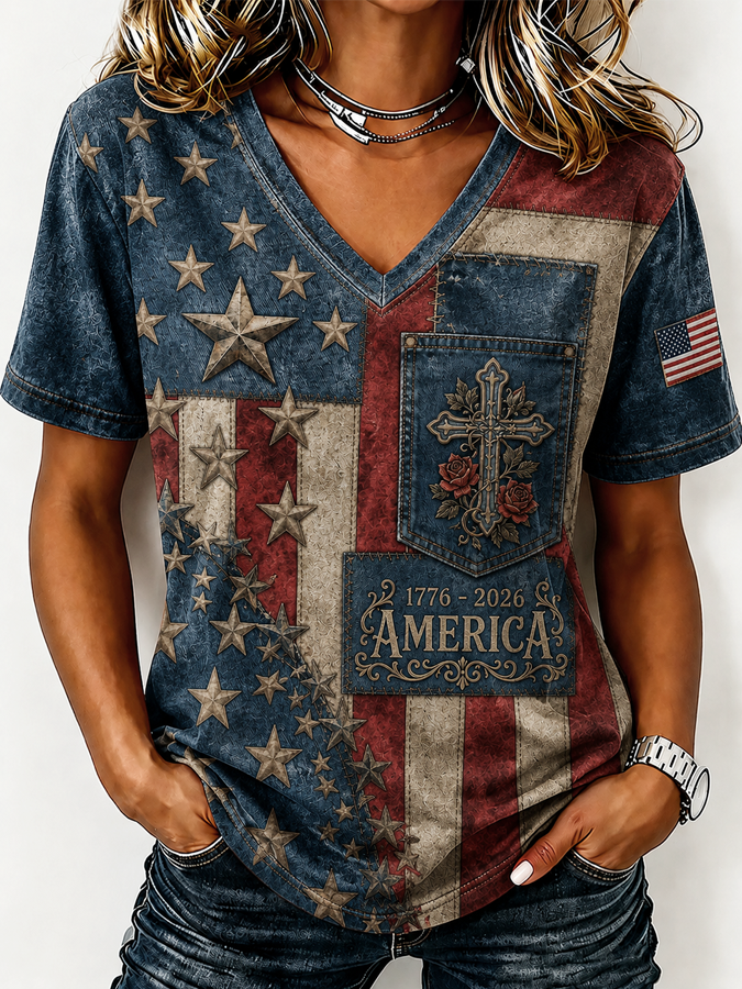 Women's Retro Vintage America Flag Print Casual V-Neck T-shirt