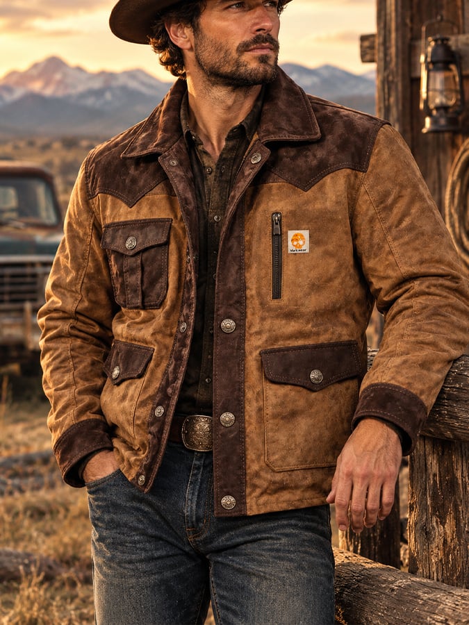 Men’s Vintage Suede-Look & Leather-Panelled Insulated Multi-Pocket Western-Style Outdoor Jacket