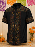 Men's Day Of The Dead Print Stand Collar Short Sleeve Shirt