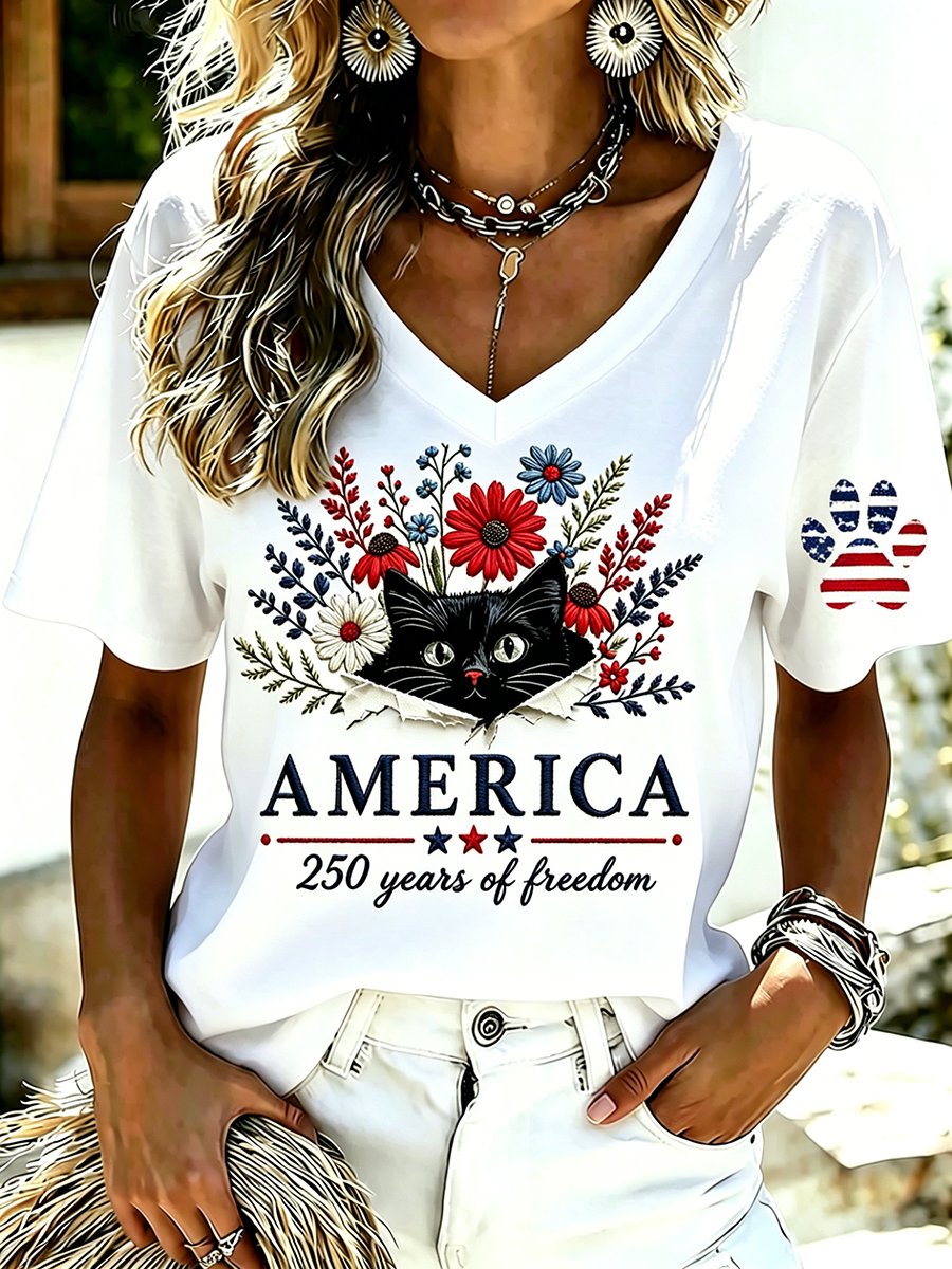 Women's Casual American Cat Floral V-Neck T-Shirt