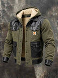 Men'S Vintage Fleece-Lined Hooded Jacket With Leather Paneling