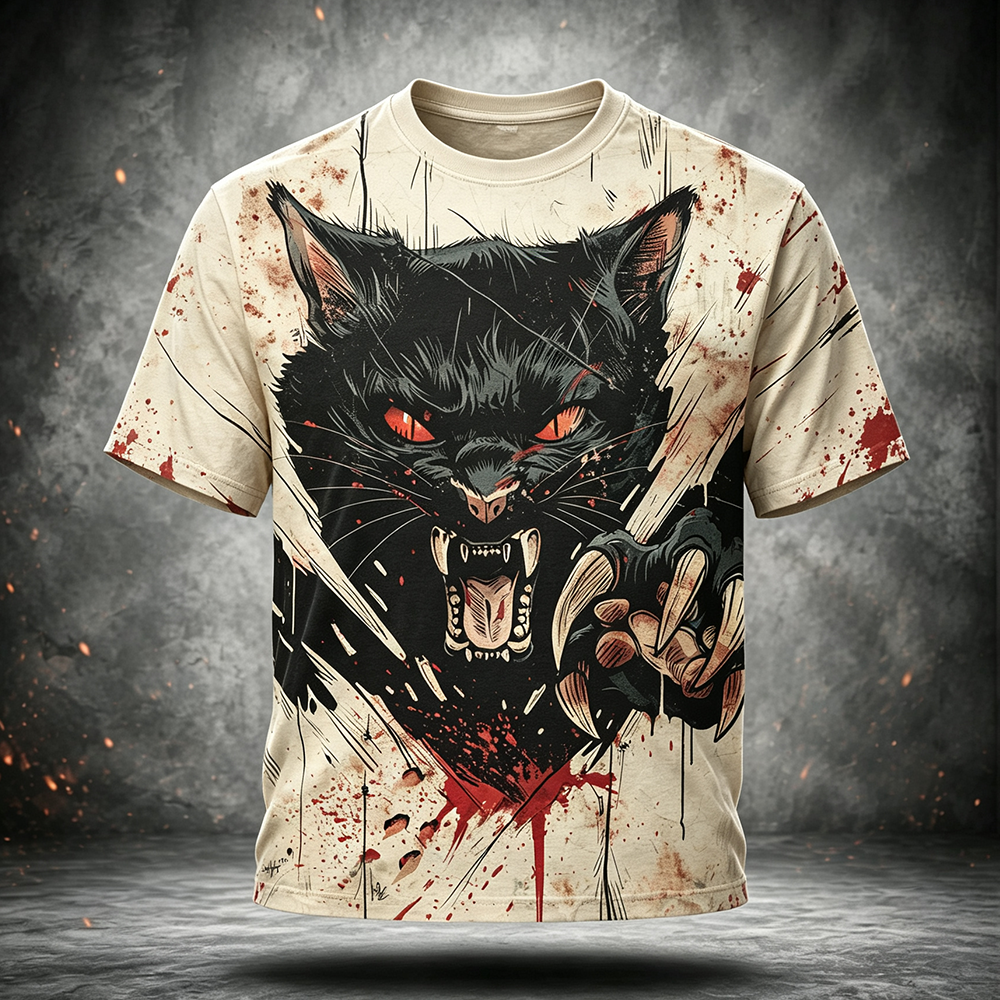 Men's Graphic Short Sleeve T-shirt Featuring Aggressive Black Cat With Bared Fangs And Claws