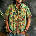 Men's Peace Sign Tree of Life Birds Print Short Sleeve Buttons Shirt