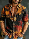 Men's Scattered Rustic Cross Lines In Warm Shades Print Long Sleeve Pocket Shirt