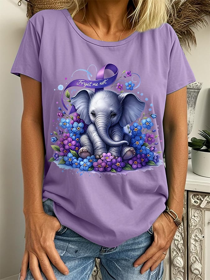 Women's Alzheimer's Disease Awareness Forget Me Not Elephant Print Tee