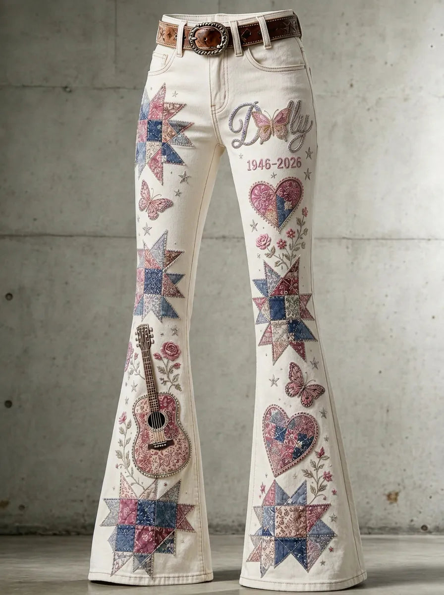 Women's Dolly Parton Guitar Butterfly Quilt Printed Flare Jeans