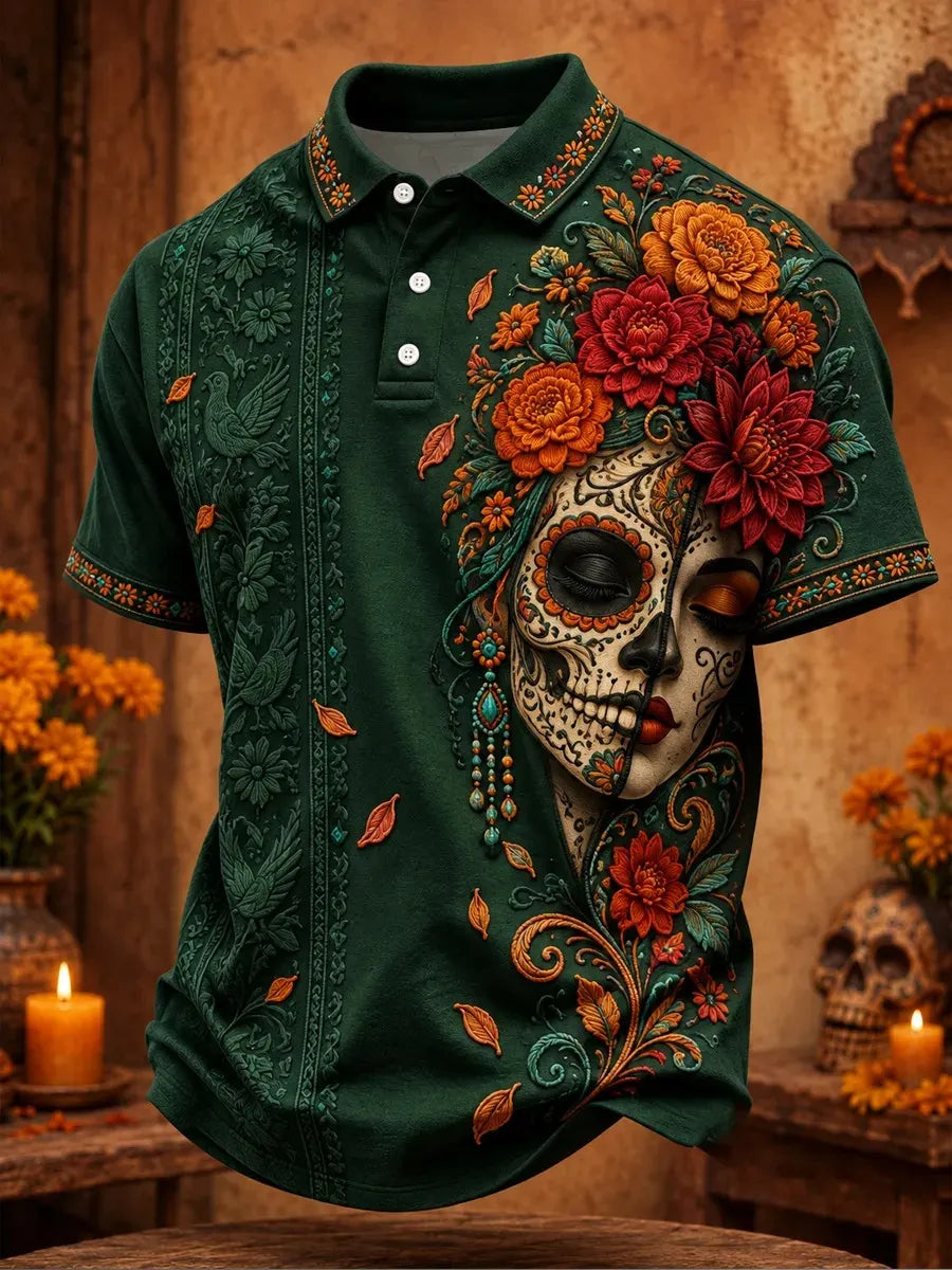 Men's Day Of The Dead Female Skull and Flower Print Short Sleeve Polo Shirt