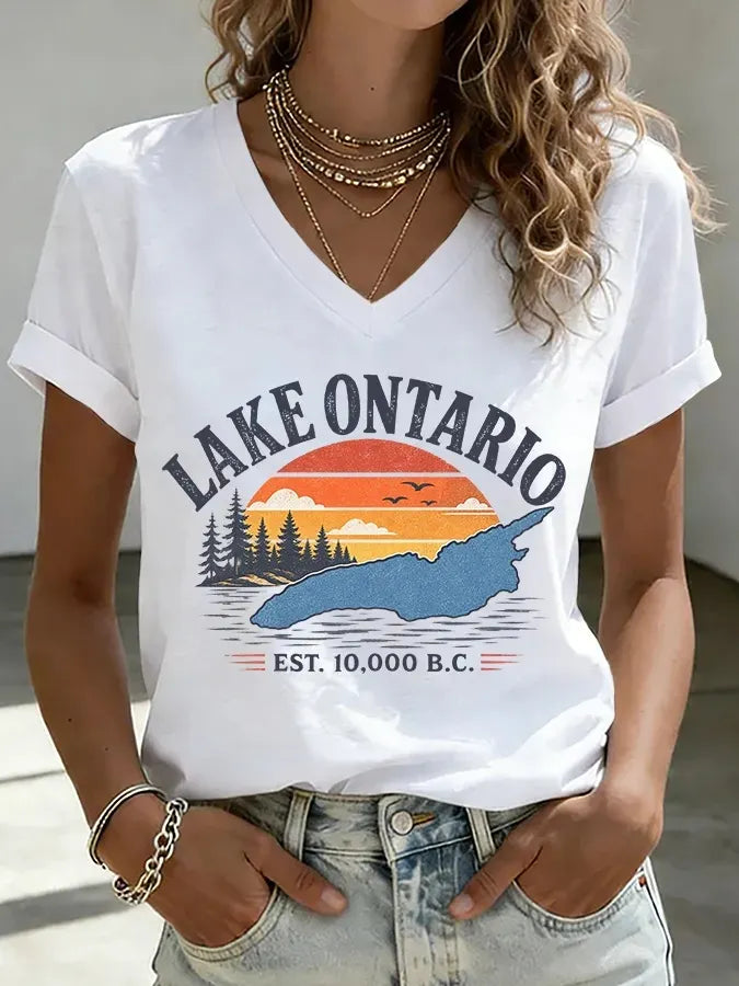 Women's V-neck Retro Lake Ontario Est. 10,000 B.c. Print T-shirt