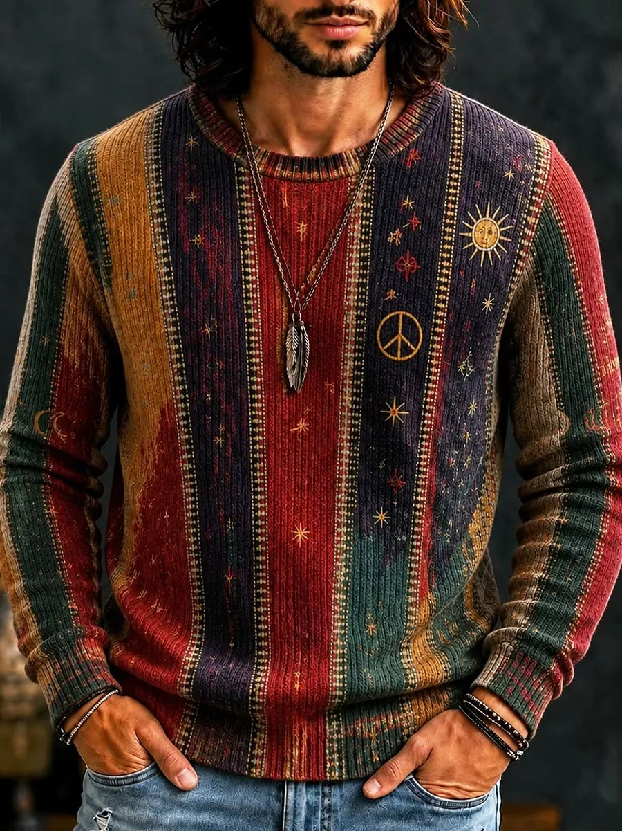 Men's Boho Multicolor Vertical Band Cosmic Peace Graphics Print Round Neck Sweater