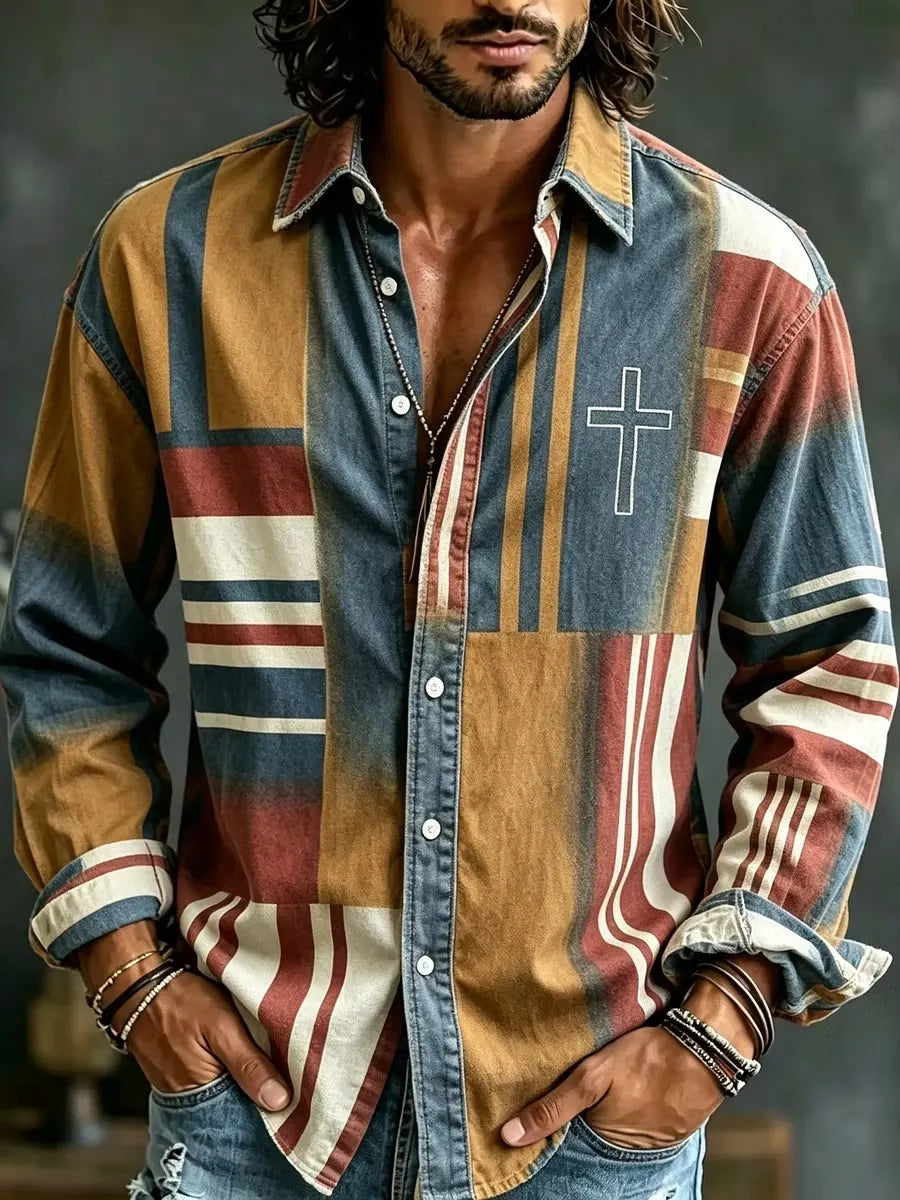 Men's Warped Curved Vertical Stripes Print Long Sleeve Shirt