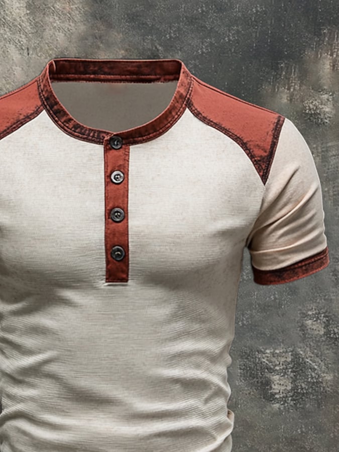 Men's casual retro color block Henley T-shirt