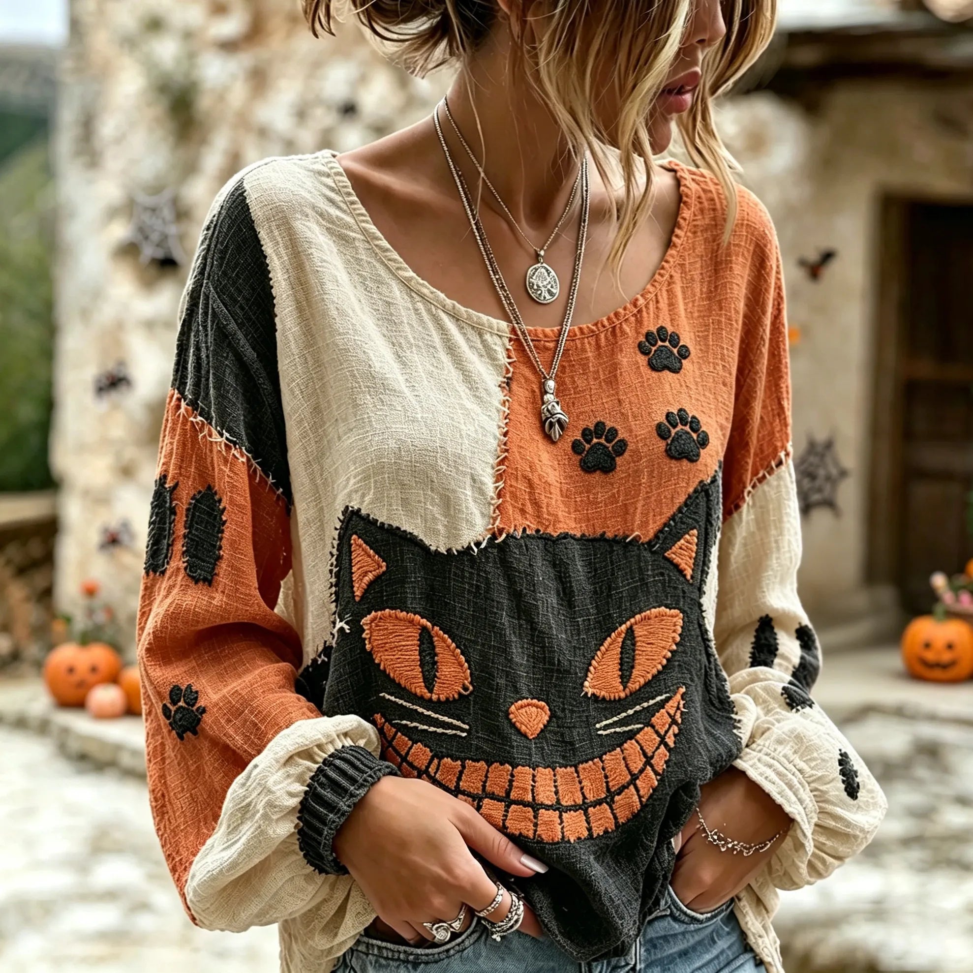 Women's Retro Wizard Evil Kitten Art Embroidered Linen Blend Round Neck Long Sleeve Tops