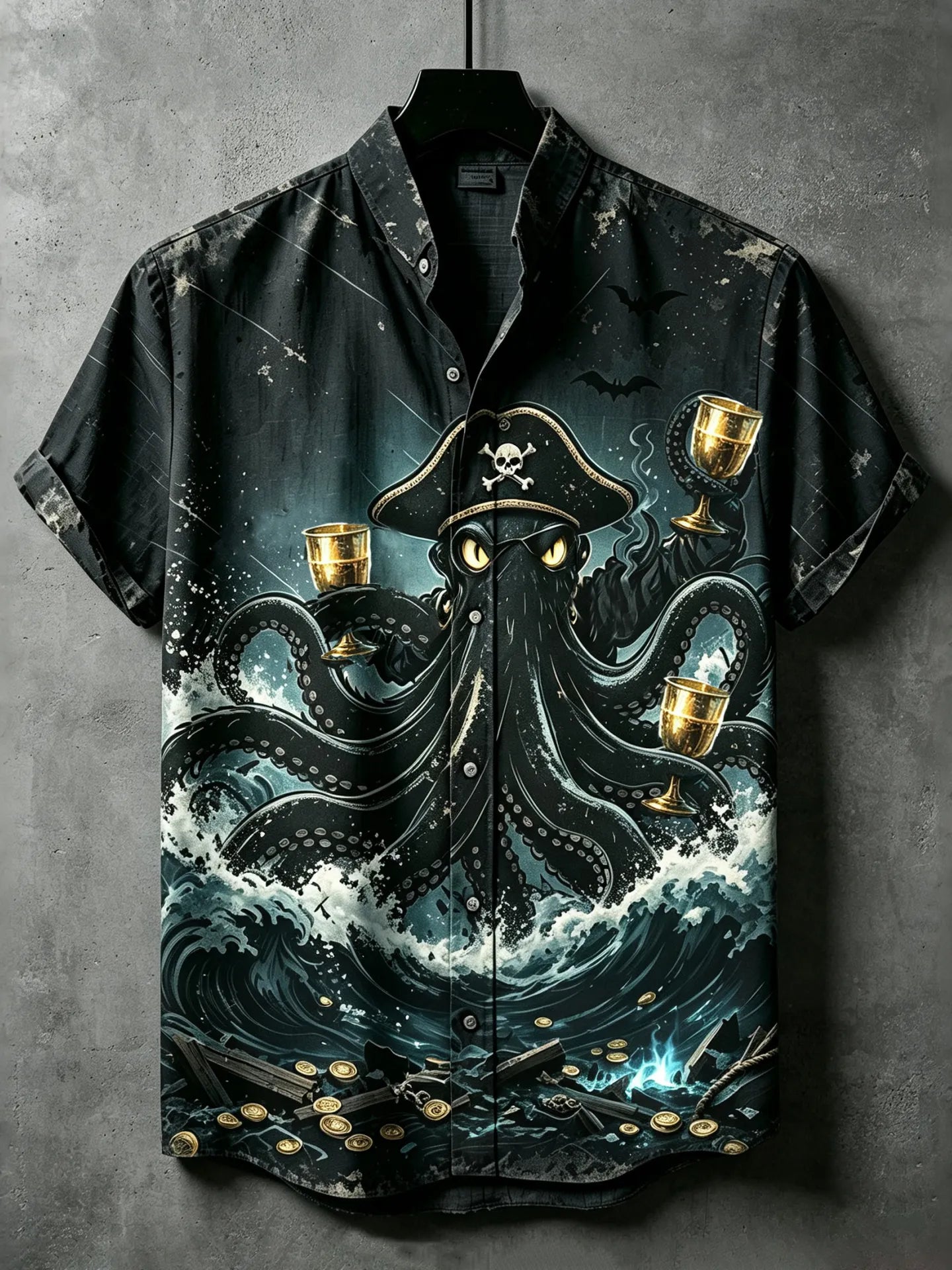 Men's Halloween Octopus Dark Pirate Drinking Art Short Sleeve Shirt