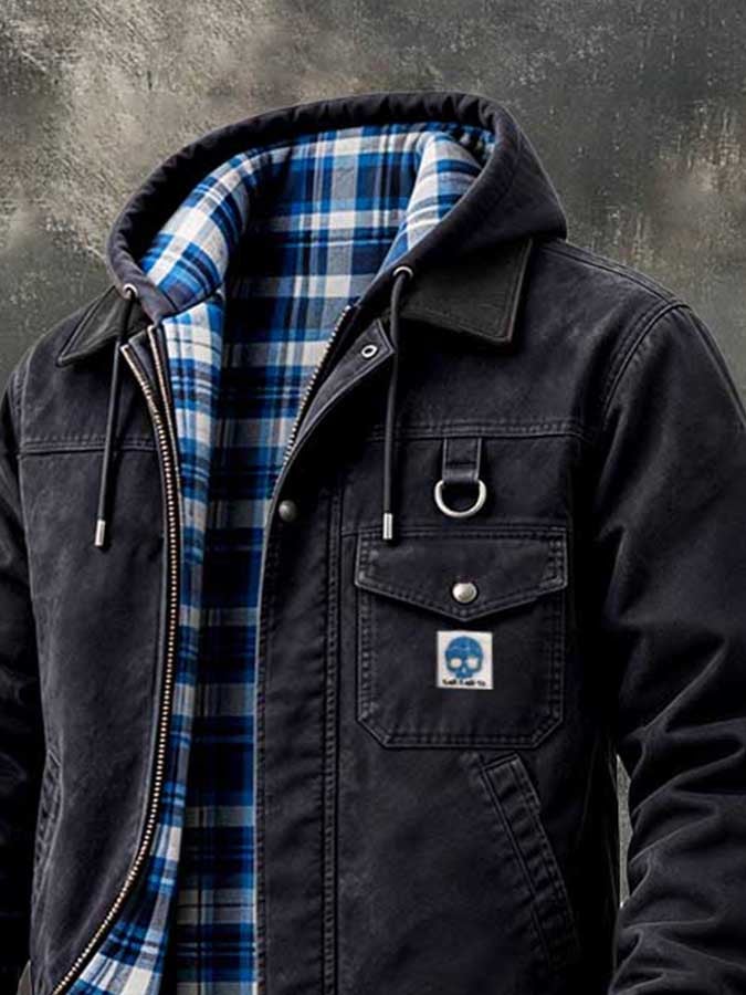 Men'S Retro Color-Block Plaid Hooded Utility Jacket With Zipper