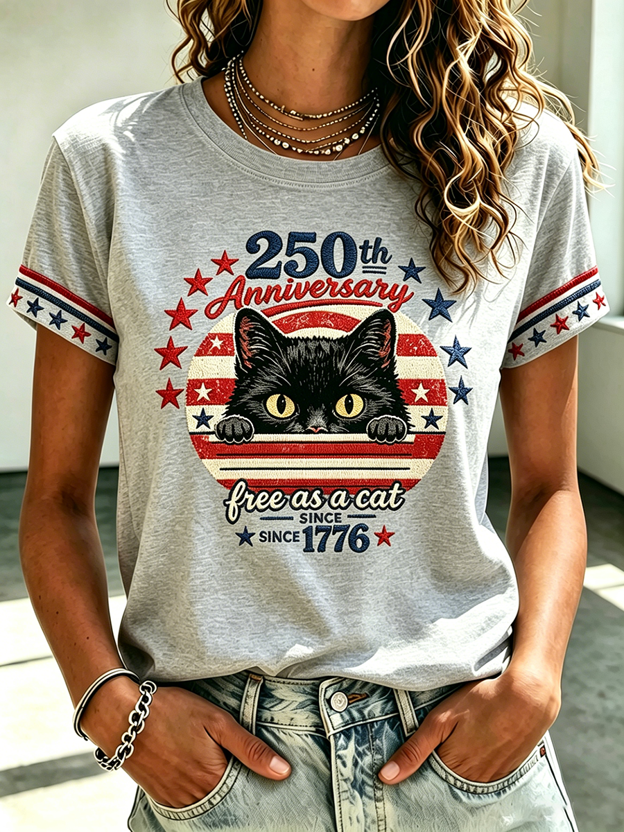 Women's 250 American Flag Cat Embroidered T-shirt